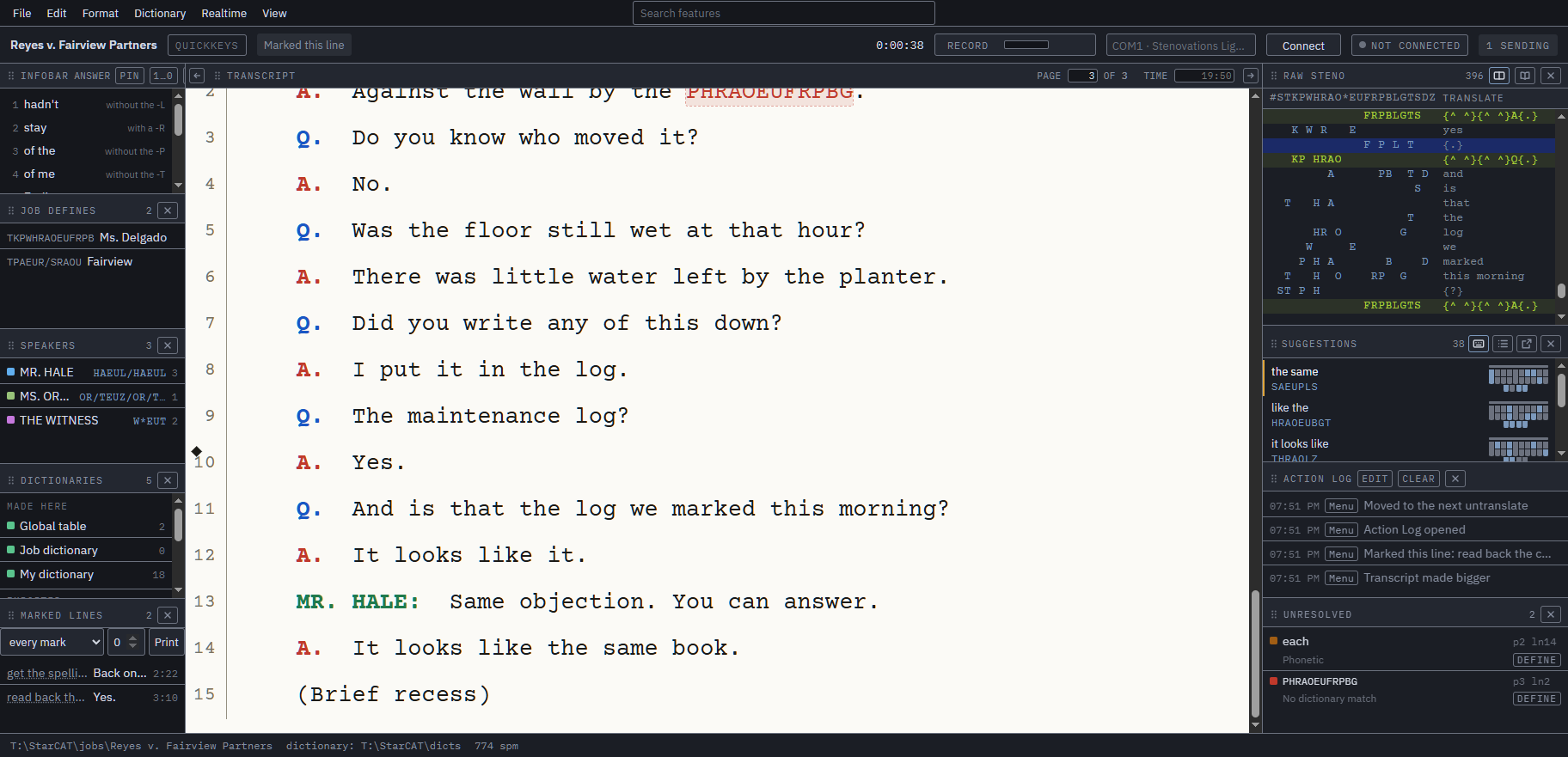 The StarCAT writing window: a transcript in the center, raw steno on the right, speakers and dictionaries on the left.
